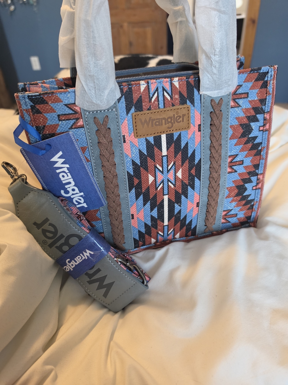 Wrangler Aztec Tote in Blue, Coral & Brown